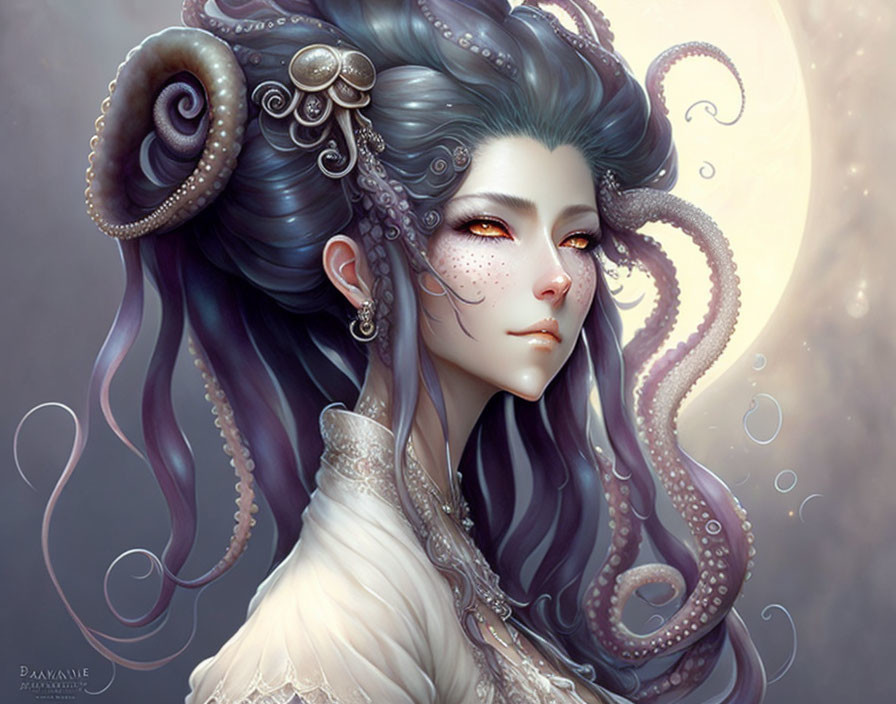 Fantastical female figure with octopus-like tentacles and red eyes in moonlit setting