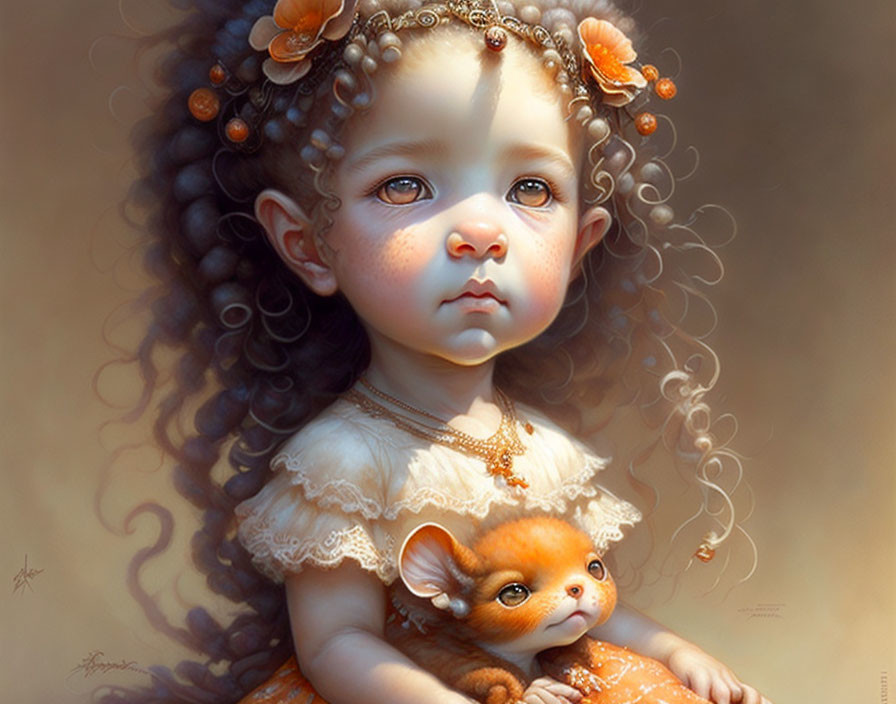 Young girl with curly hair and freckles holding a fox-like creature in ornate attire