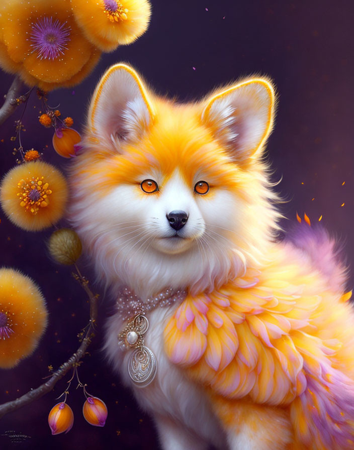 Vibrant orange and white fox with amber eyes in floral setting