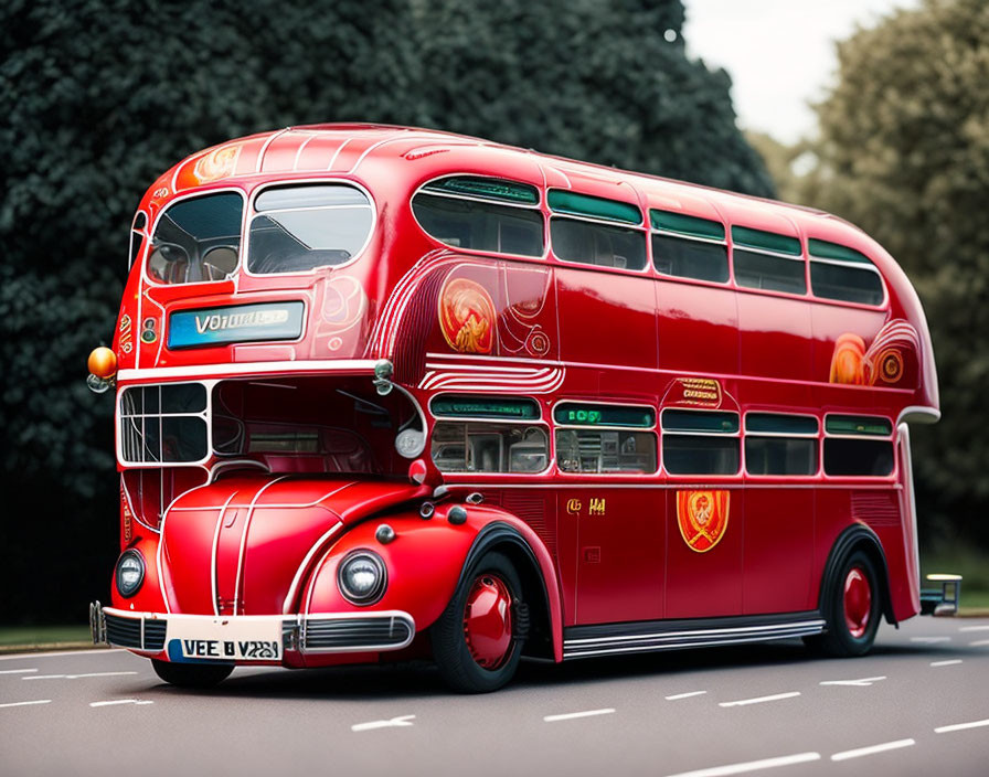 Vintage Red Double-Decker Bus with Ornate Designs and "VOLKSWAGEN