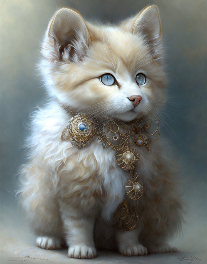 Fluffy White Kitten with Blue Eyes and Gold Necklace