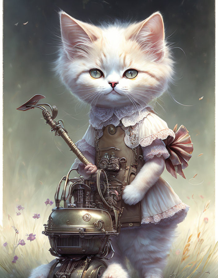 Steampunk-inspired anthropomorphic white cat on machinery in natural setting