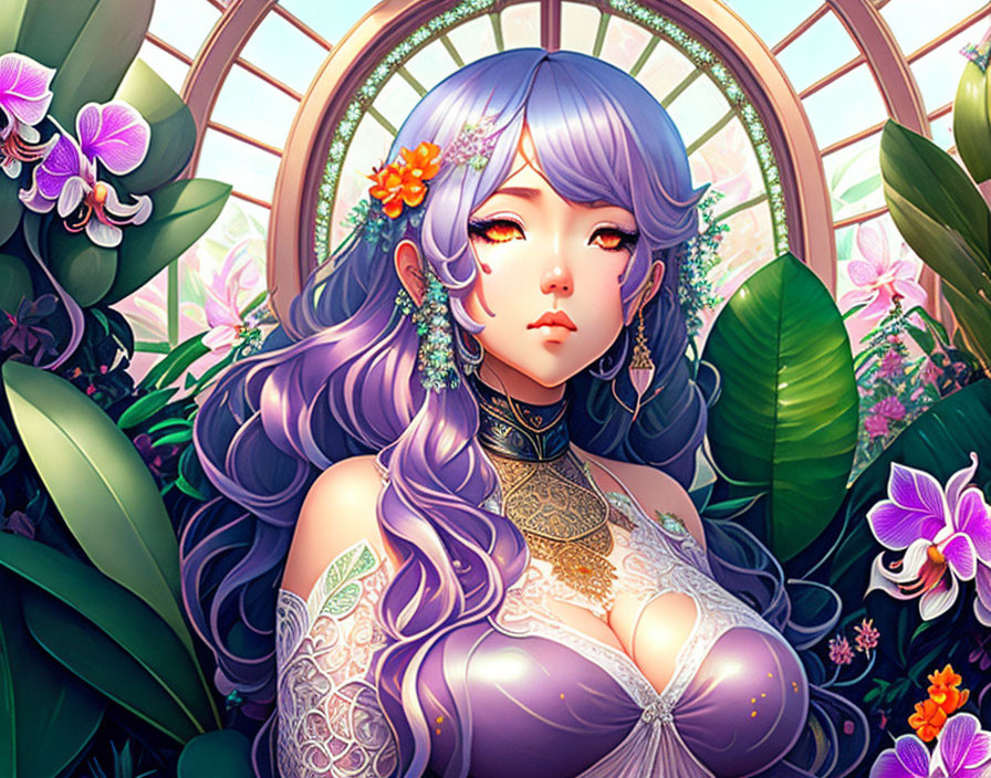 Illustrated portrait of woman with purple hair and golden accessories in greenhouse setting