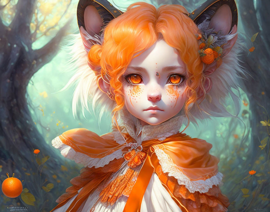 Illustrated character with orange feline features in whimsical forest