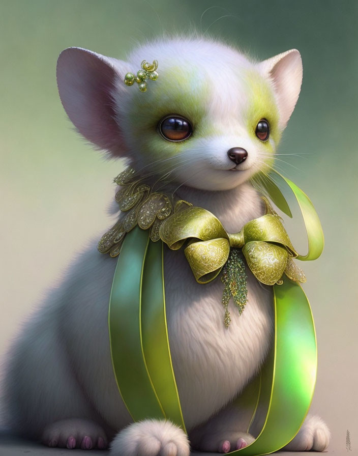 Whimsical green-eyed creature with pearlescent coat and jeweled collar