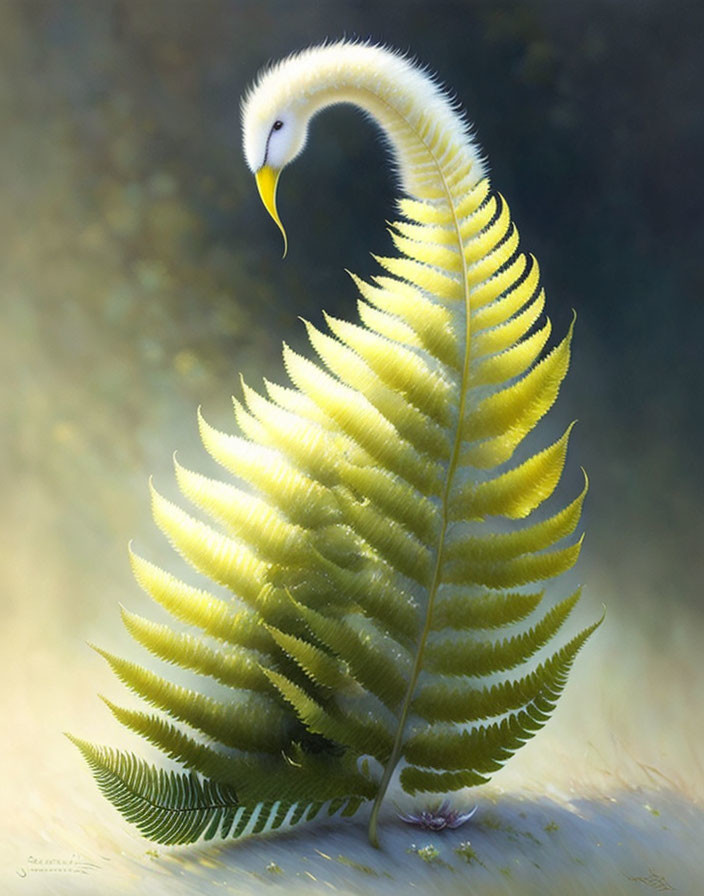 Illustration of bird merging with leafy fern in surreal blend