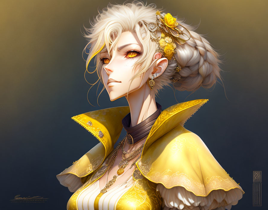 Digital artwork featuring person with golden eyes, white hair, yellow cloak.