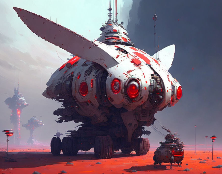 Futuristic spaceship with red lights on desolate red terrain