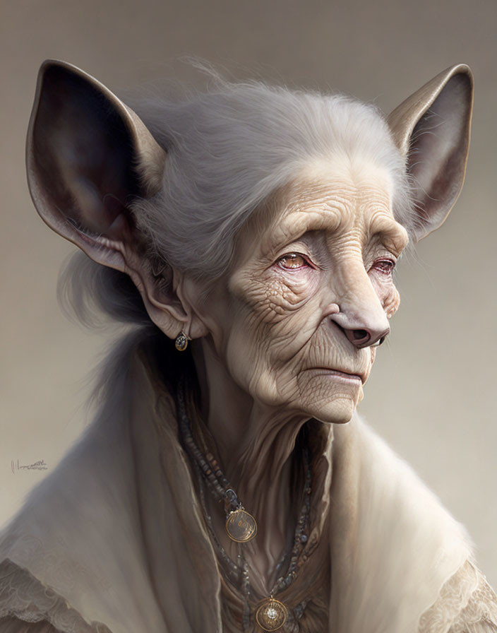 Elderly anthropomorphic creature with pointed ears and necklace