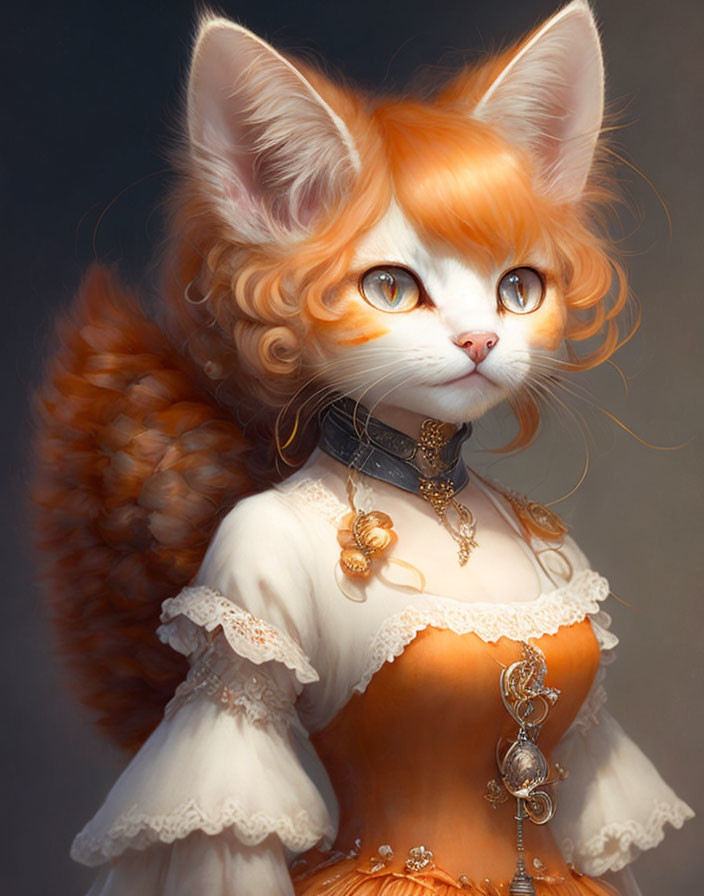 Anthropomorphic cat in elegant dress with intricate jewelry