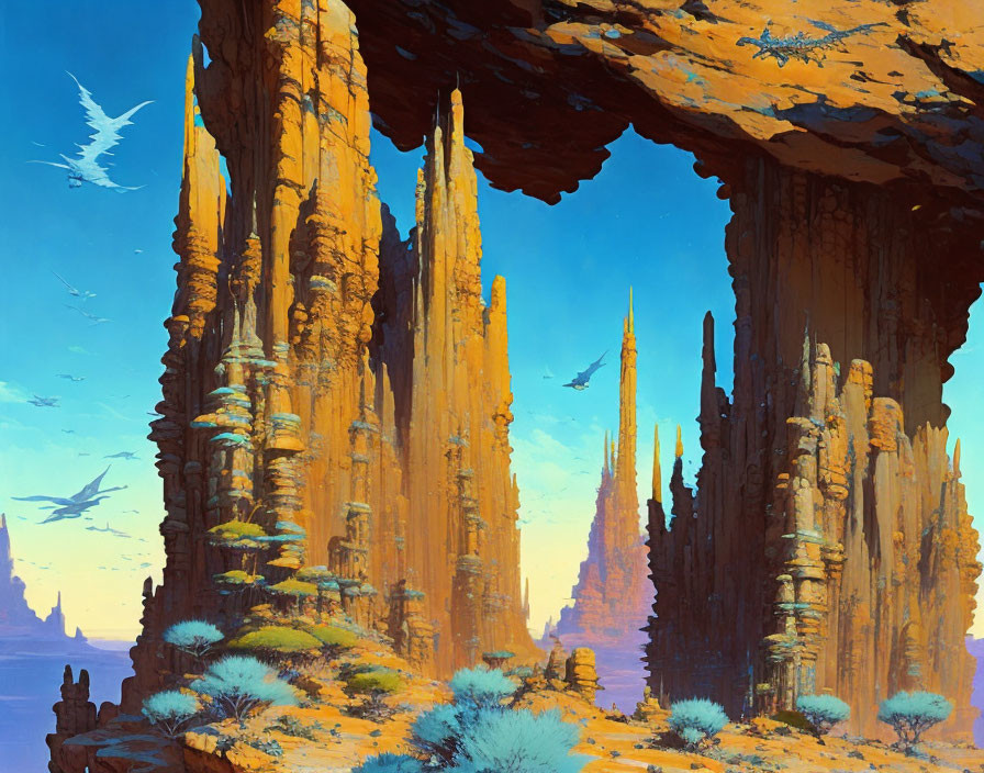 Majestic orange rock formations in a fantasy landscape