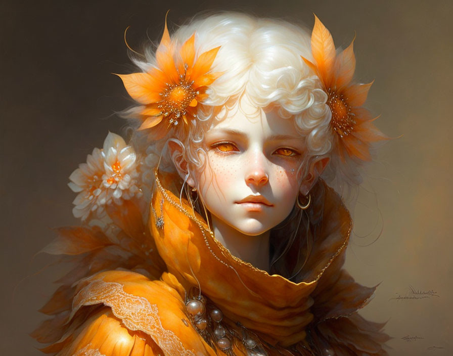 Person with pale skin and white curly hair adorned with orange flowers in orange ruffled outfit and pearl jewelry