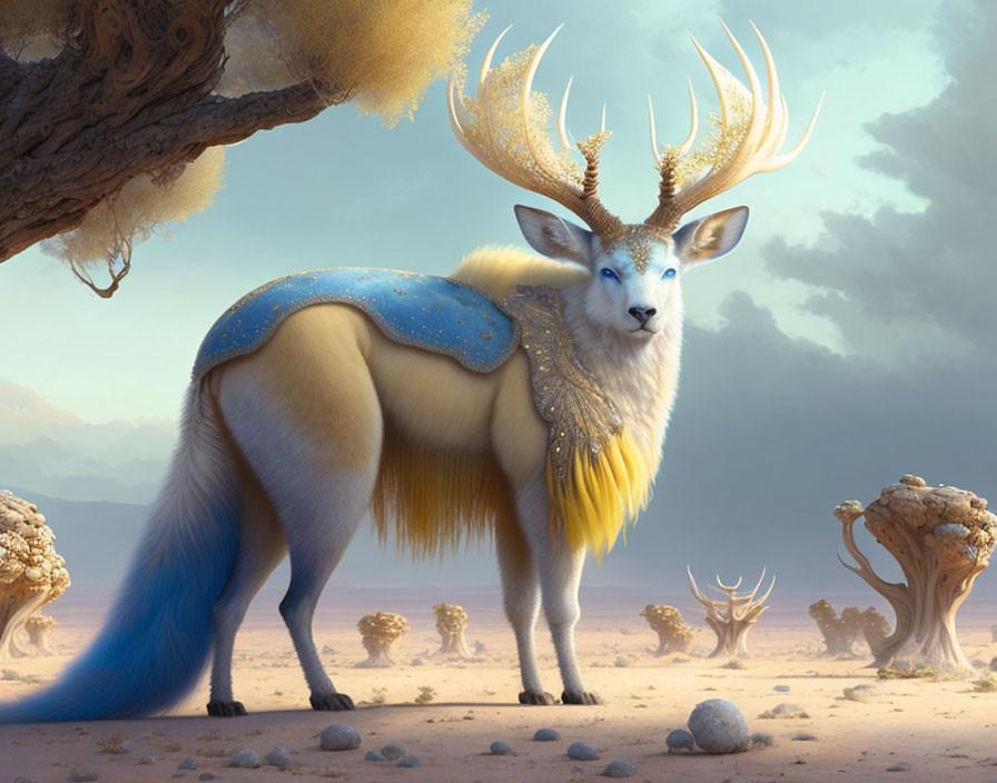 Fantastical white stag with golden antlers in dreamlike desert landscape