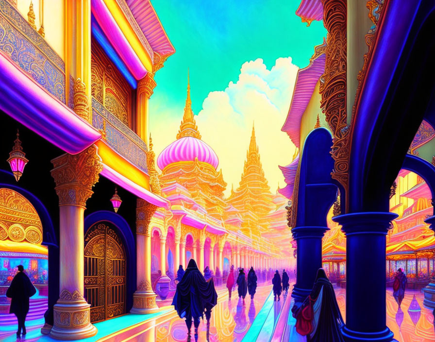 Fantastical palace with golden columns and onion domes in digital art