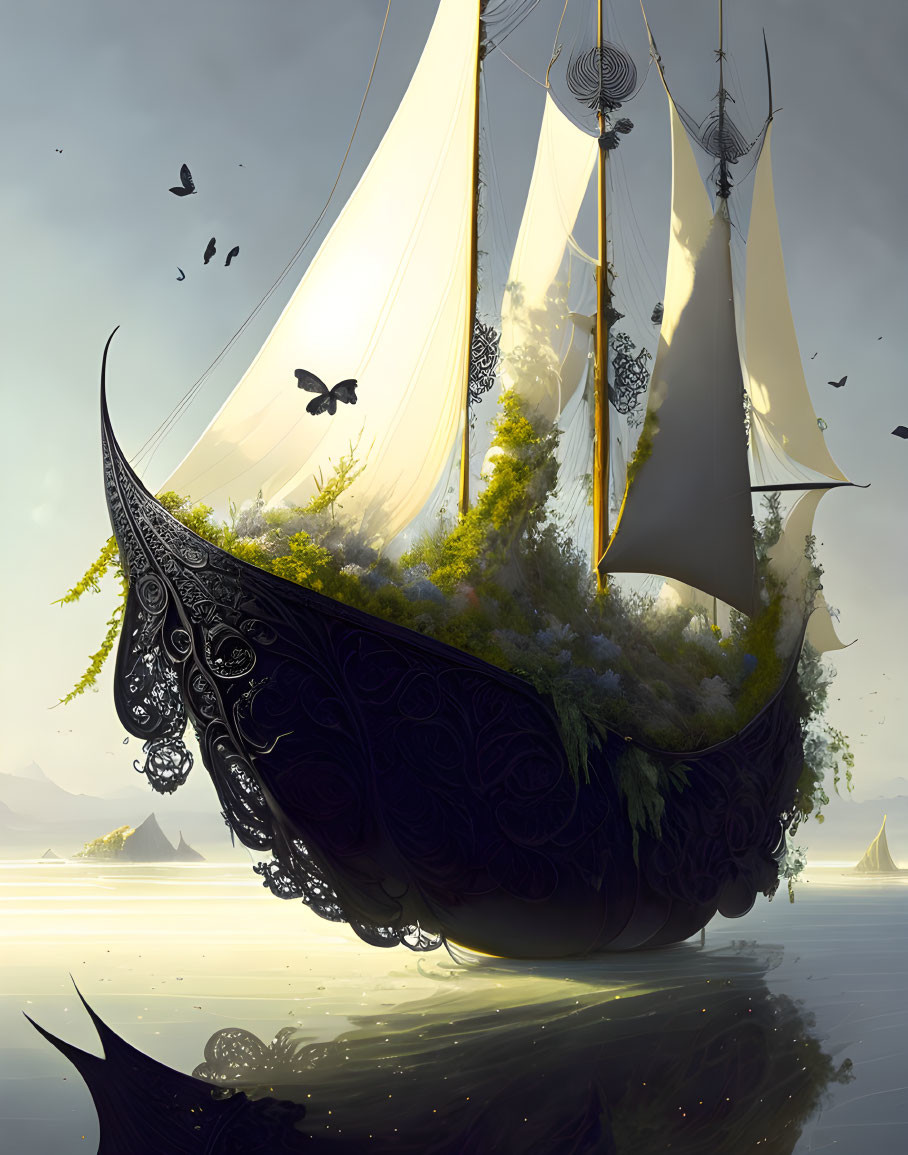 Ornate flying ship with greenery and white sails above calm sea