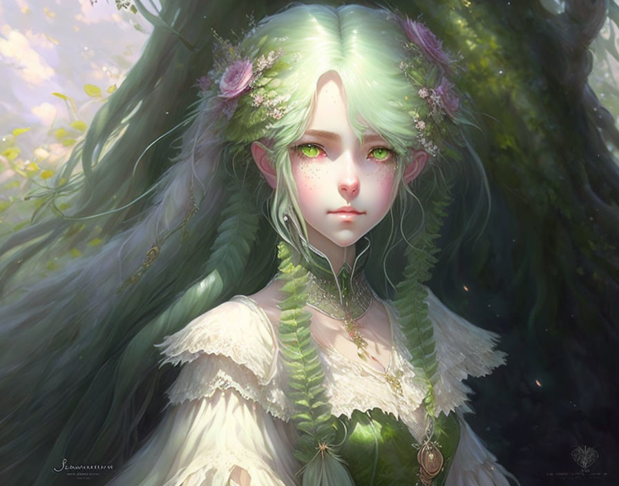 Illustration of green-haired female with pointed ears and nature-inspired attire.