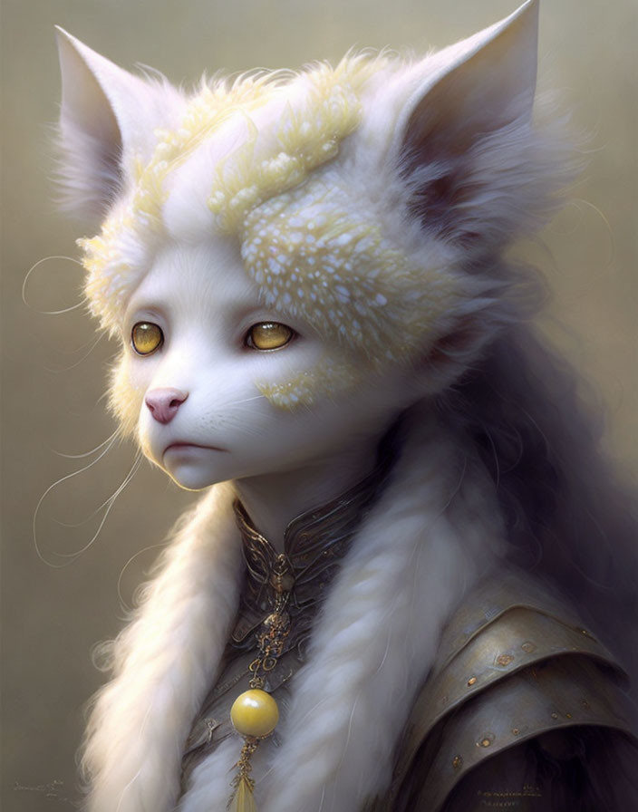 Fantasy illustration of humanoid cat in armor with yellow eyes and white fur