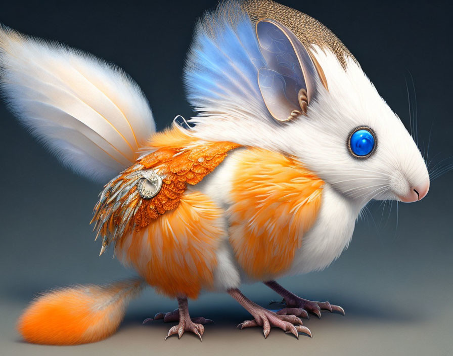 Fluffy orange and white creature with blue eyes and feathery wings