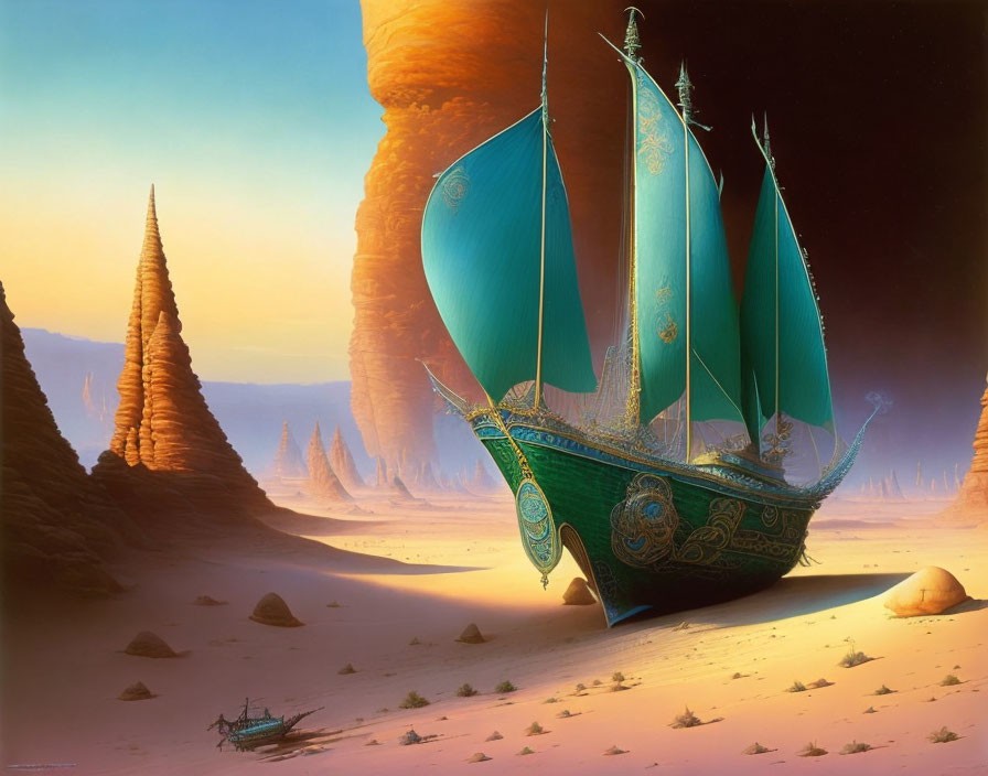 Fantastical ship with teal sails in desert rock formations