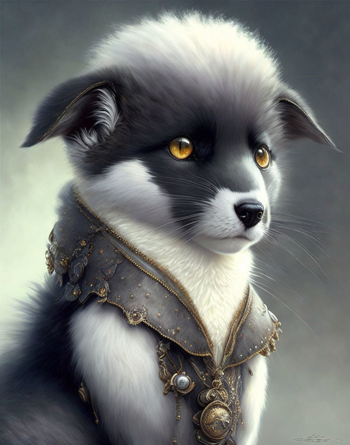 Regal dog in ornate armor with orange eyes