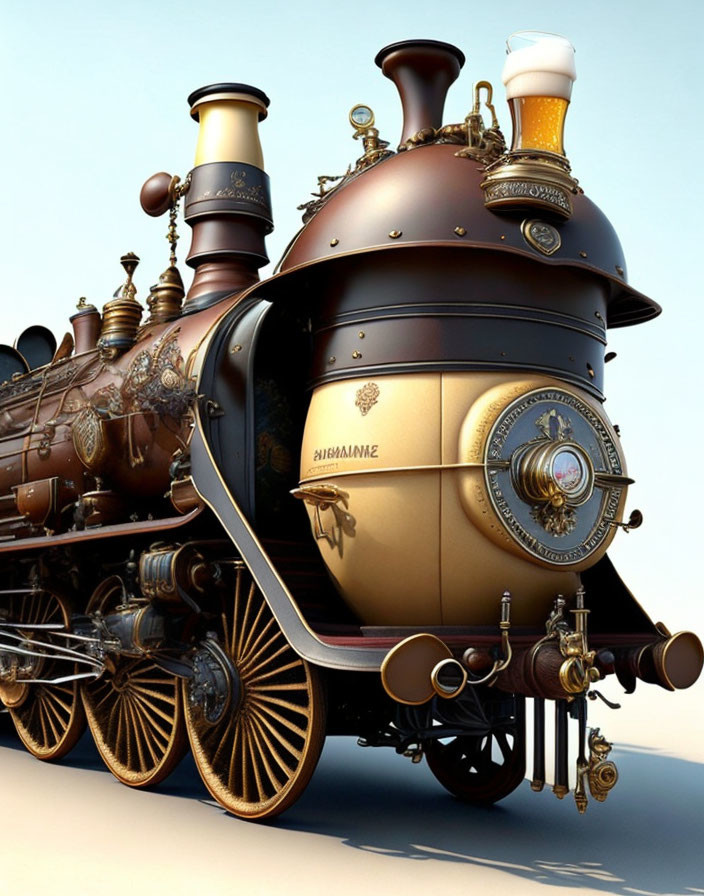 Steampunk-style train with brass detailing and beer stein chimney