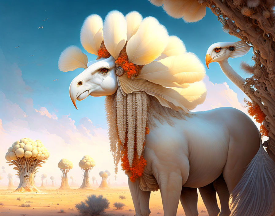 Majestic white creature with equine body and elaborate head under surreal blue sky