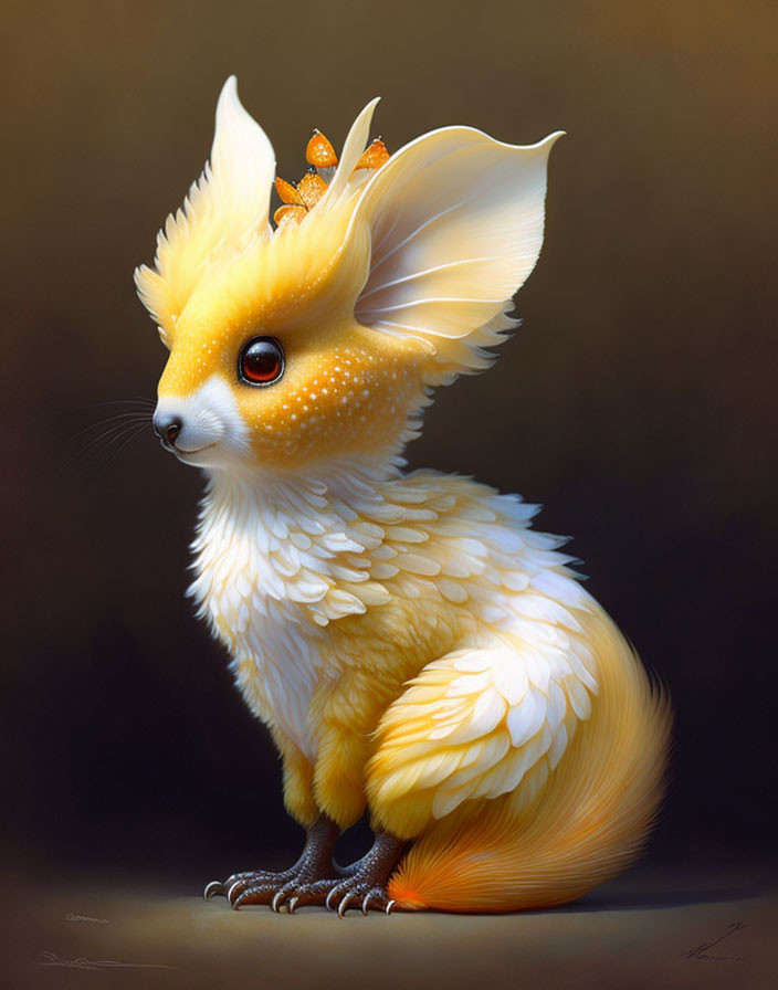 Furry fox-bird hybrid with yellow and white fur, large ears, feathered wings, and