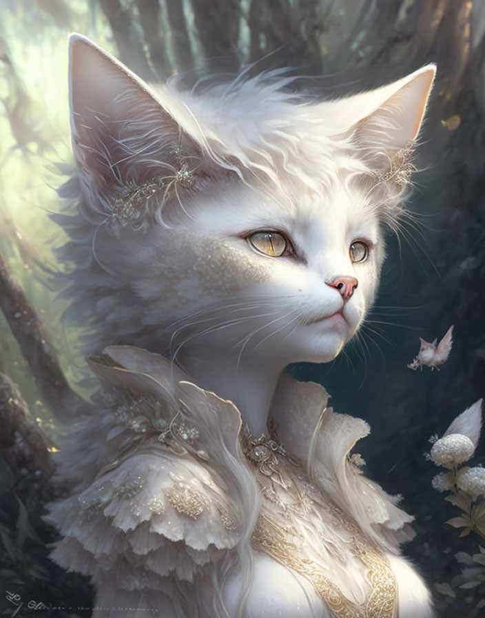 Majestic white cat in gold attire with amber eyes in forest setting