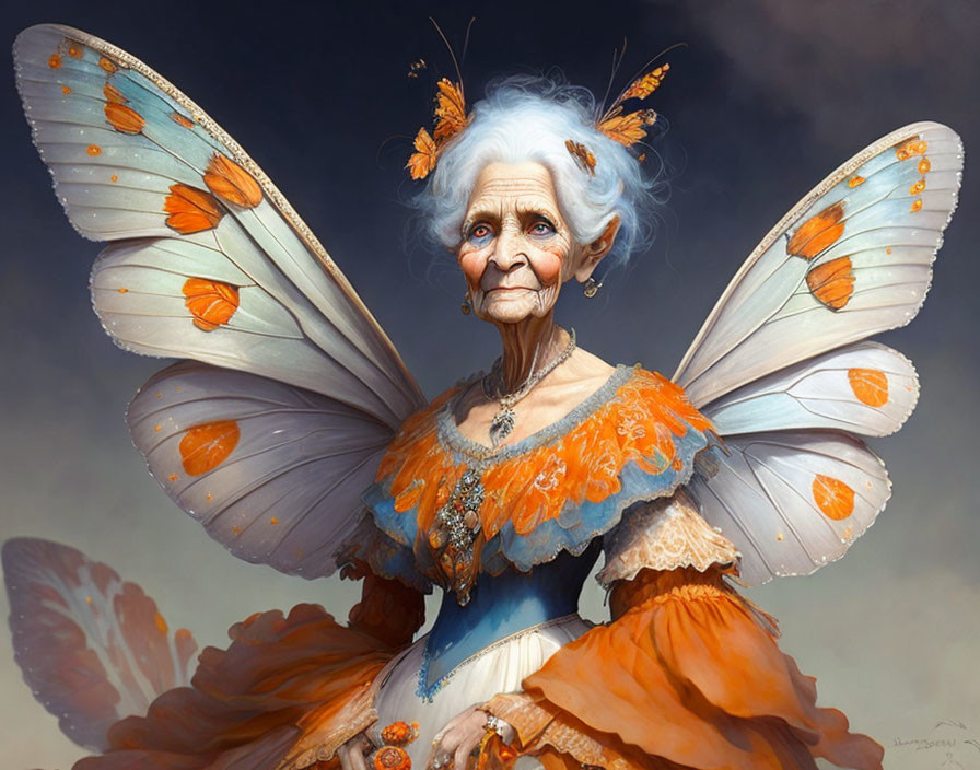 Elderly woman with butterfly wings and attire in regal pose.