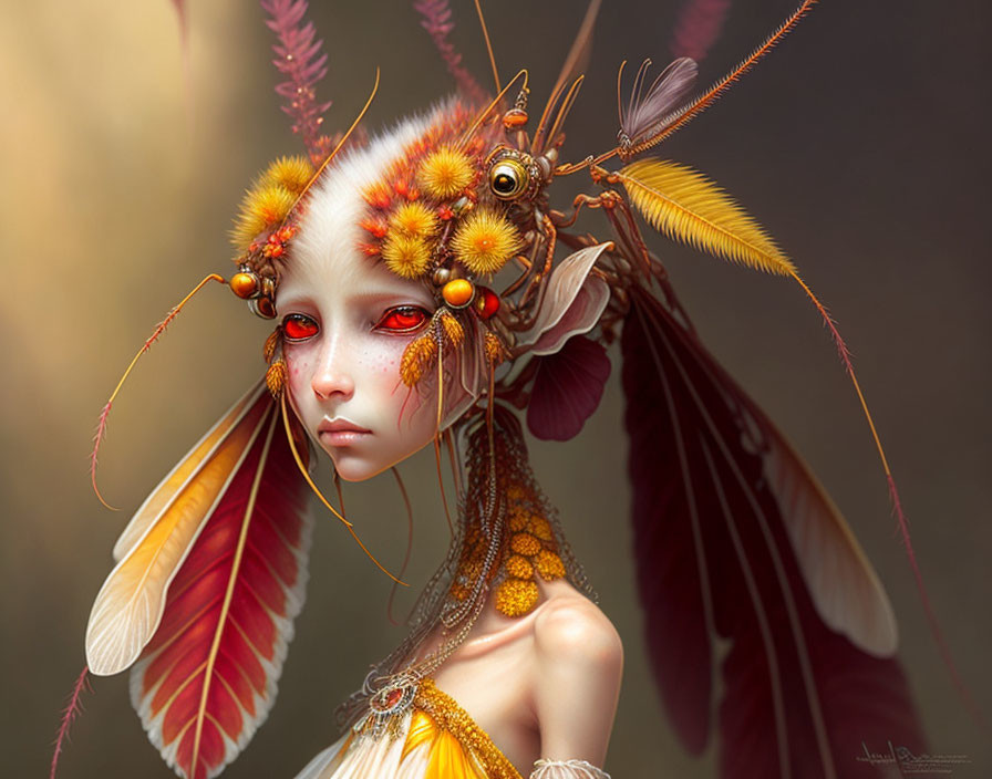 Vibrant orange female figure with feathered headgear and serene expression