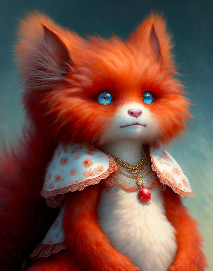 Fluffy orange cat with blue eyes in white collar and ruby pendant