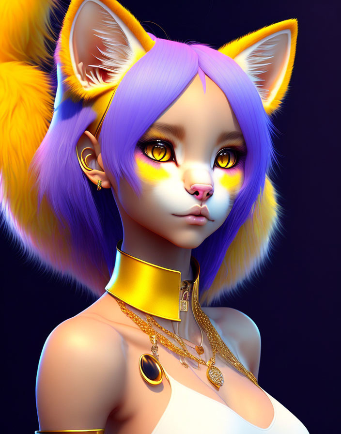 Anthropomorphic female character with purple hair and fox features in digital artwork