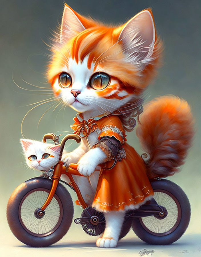 Fluffy kitten in glasses and dress rides bike with smaller kitten.