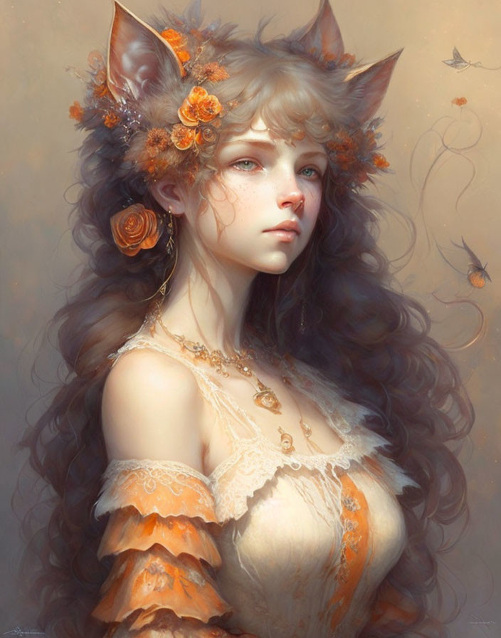 Fantastical female character with large pointed ears and floral hair decoration.