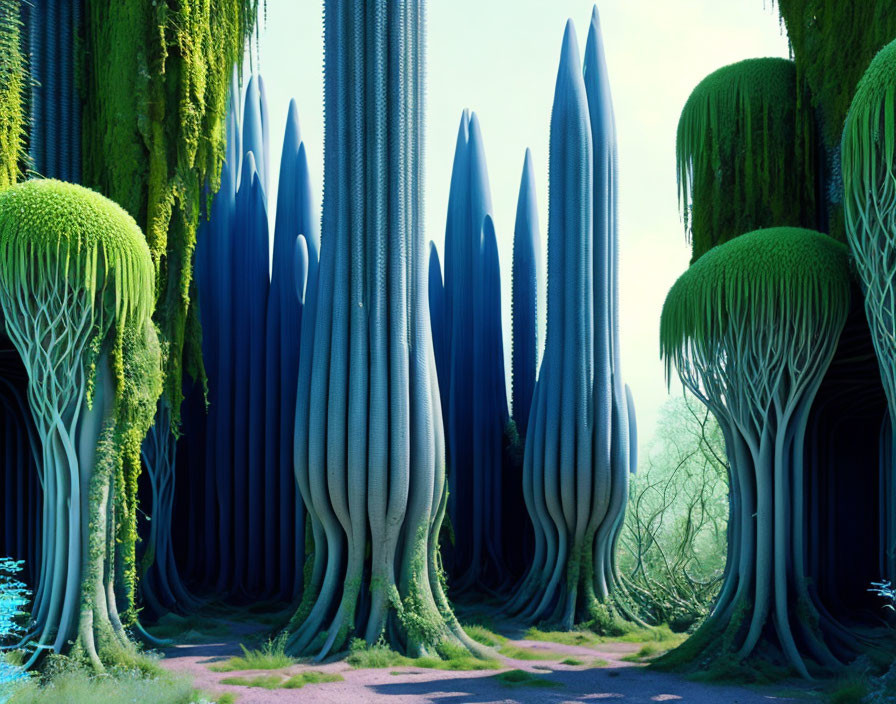 Fantastical forest with tall blue cone-shaped trees and green weeping willows