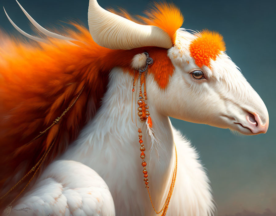 Majestic fantasy creature: white goat with orange fur, large curled horns, adorned with gold and