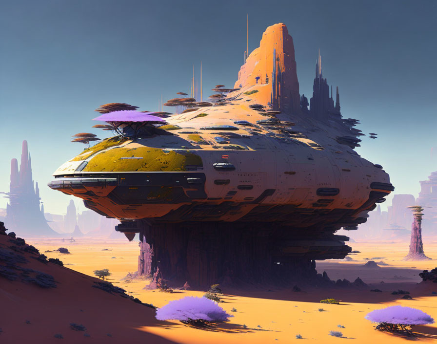 Futuristic spaceship-shaped city above arid terrain with purple flora