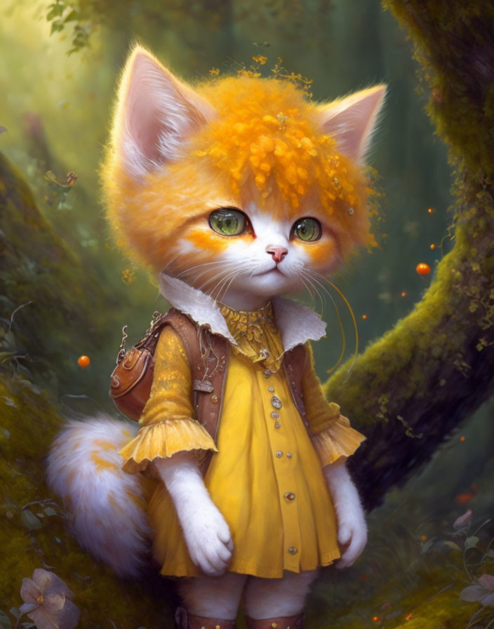 Orange and White Cat in Yellow Dress in Mystical Forest