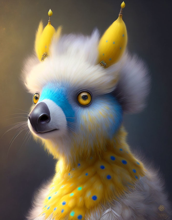 Blue and Yellow Fantasy Creature with Gold Ornaments on Gray Background