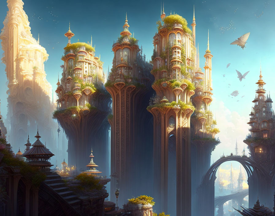 Fantasy landscape featuring towering cliff-based structures, bridges, greenery, birds, and airships under