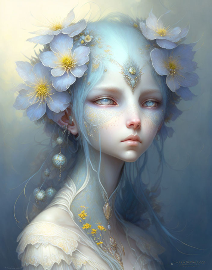 Blue-skinned fantasy character with floral hair adornments and golden accessories