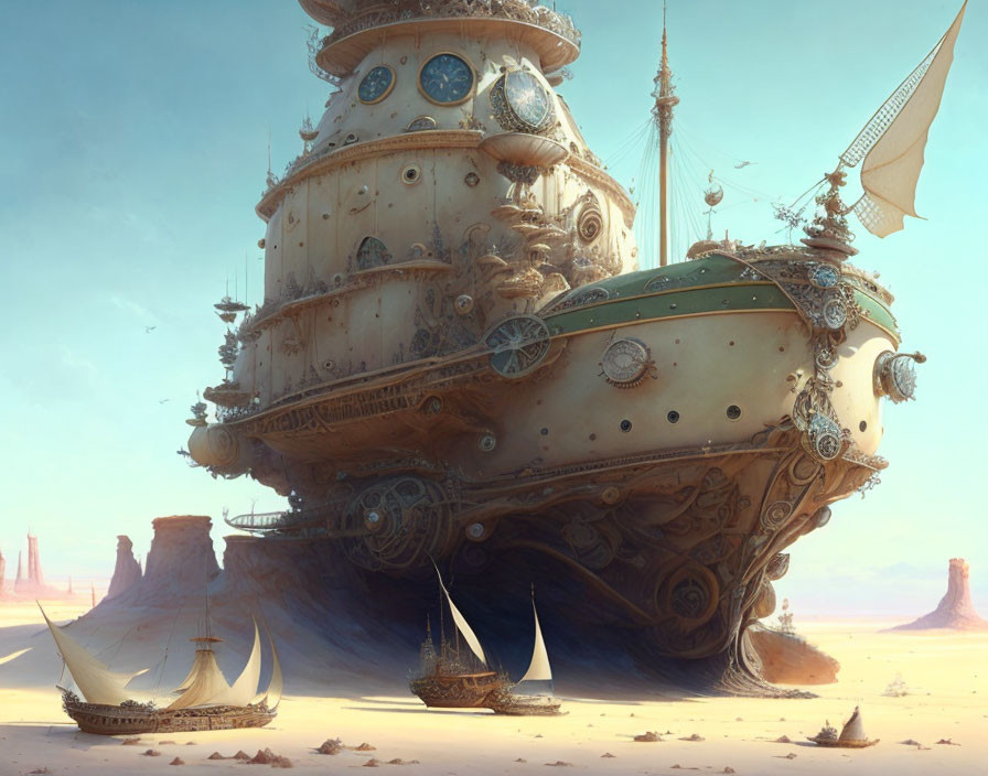 Colossal steampunk airship above desert with sailing boats