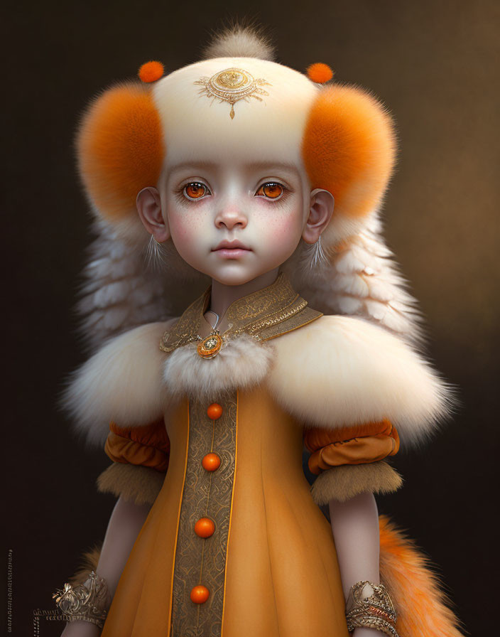 Character with orange eyes in orange & white headdress, golden brooch, intricate orange dress.