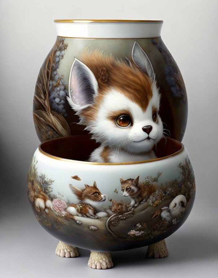 Whimsical large-eared kittens painting on decorative vase