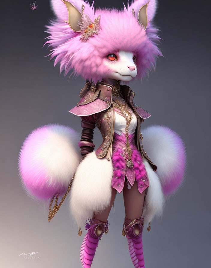 Pink-furred anthropomorphic creature in ornate armor with gold accents