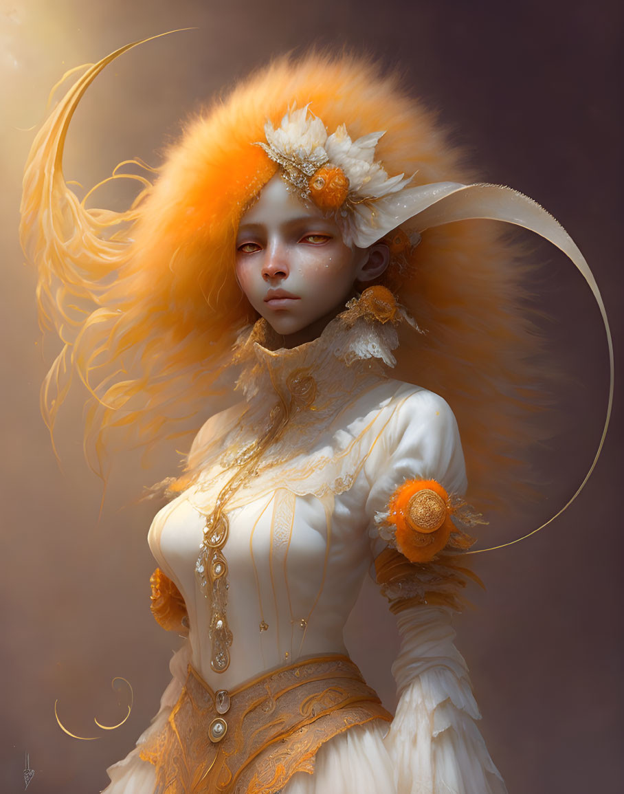 Digital Artwork: Woman with Fiery Orange Hair and White/Gold Dress