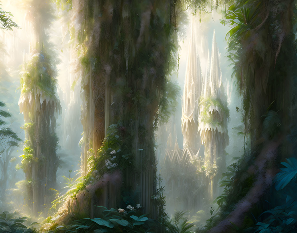 Enchanting forest scene with sunbeams, fog, towering trees, vines, and castle-like