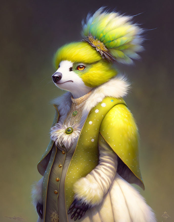 Anthropomorphic Fox in Luxurious Attire with Feathered Headdress