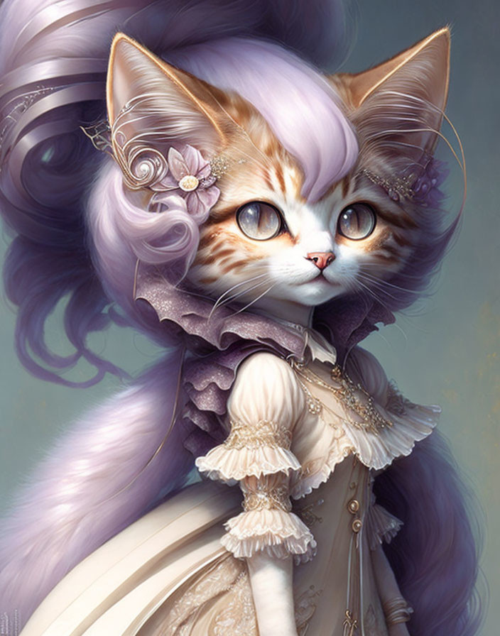 Anthropomorphic feline character with blue eyes and elegant rococo attire