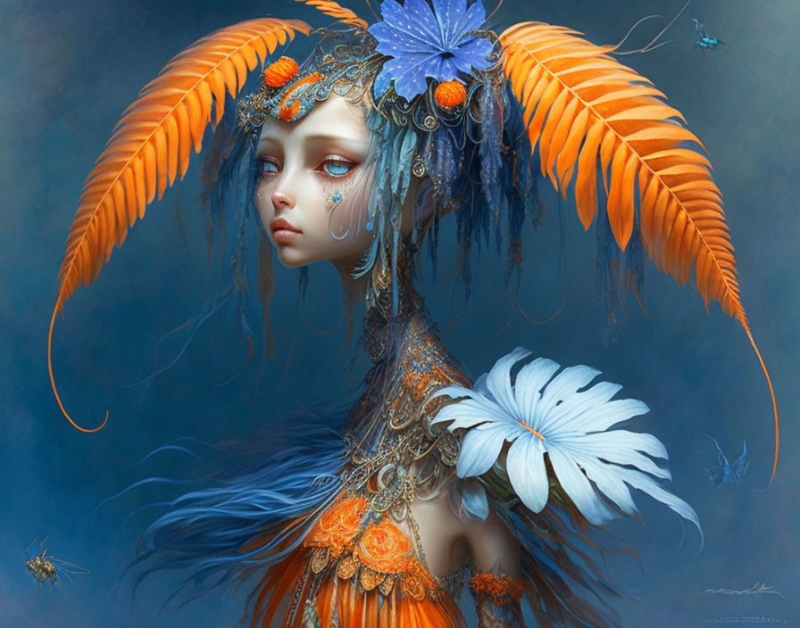 Fantasy portrait of a person with pale skin and ornate headdress.